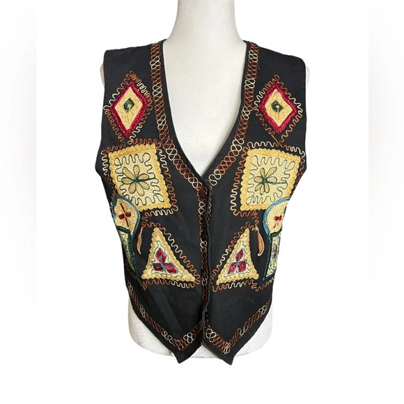 pasta Jackets & Blazers - Vintage Embroidered Vest 100% Cotton Artsy M Cottagecore